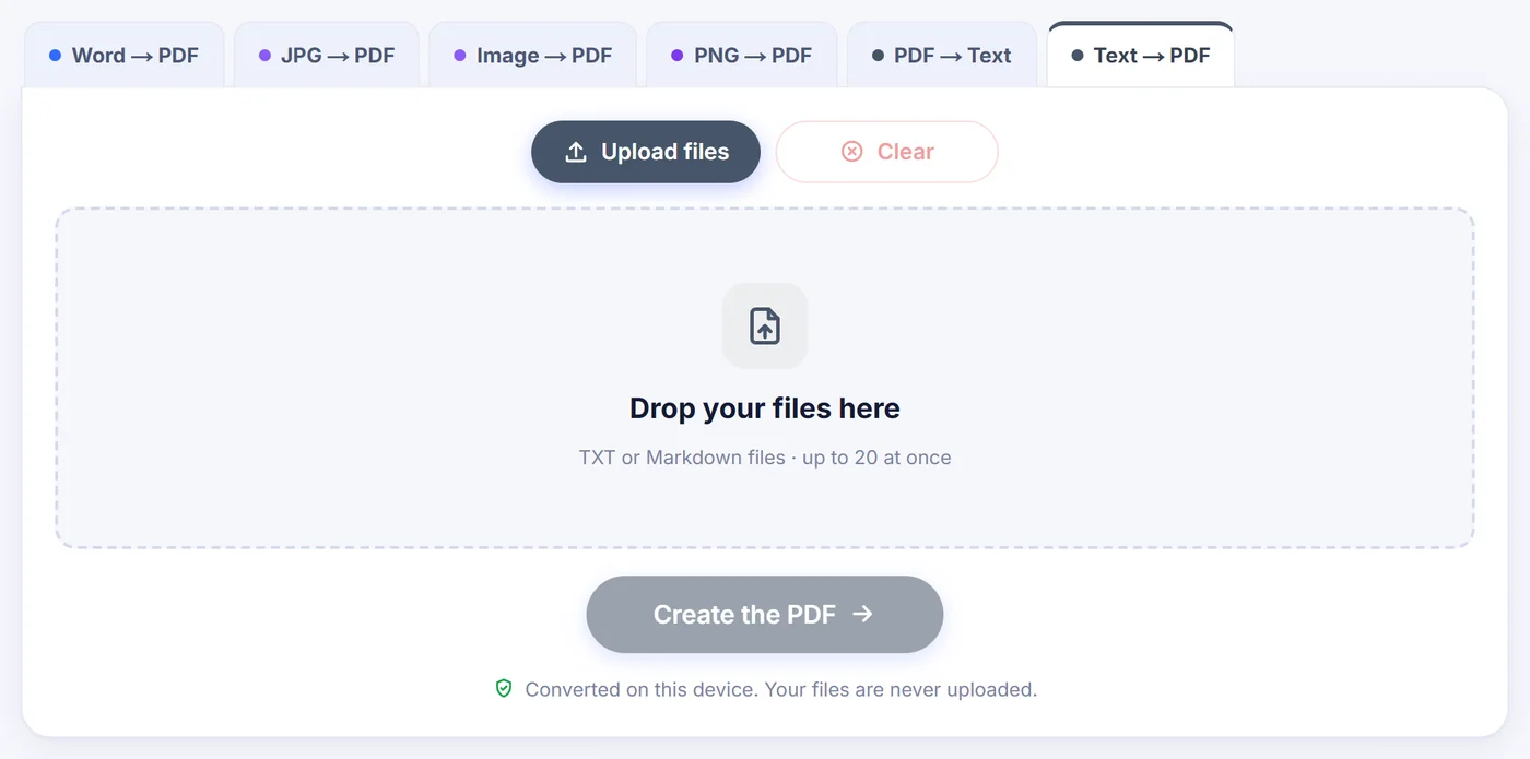 Empty Text to PDF tab with an Upload files button, a drop area for TXT or Markdown files, up to 20 at once, and a greyed-out Create the PDF button