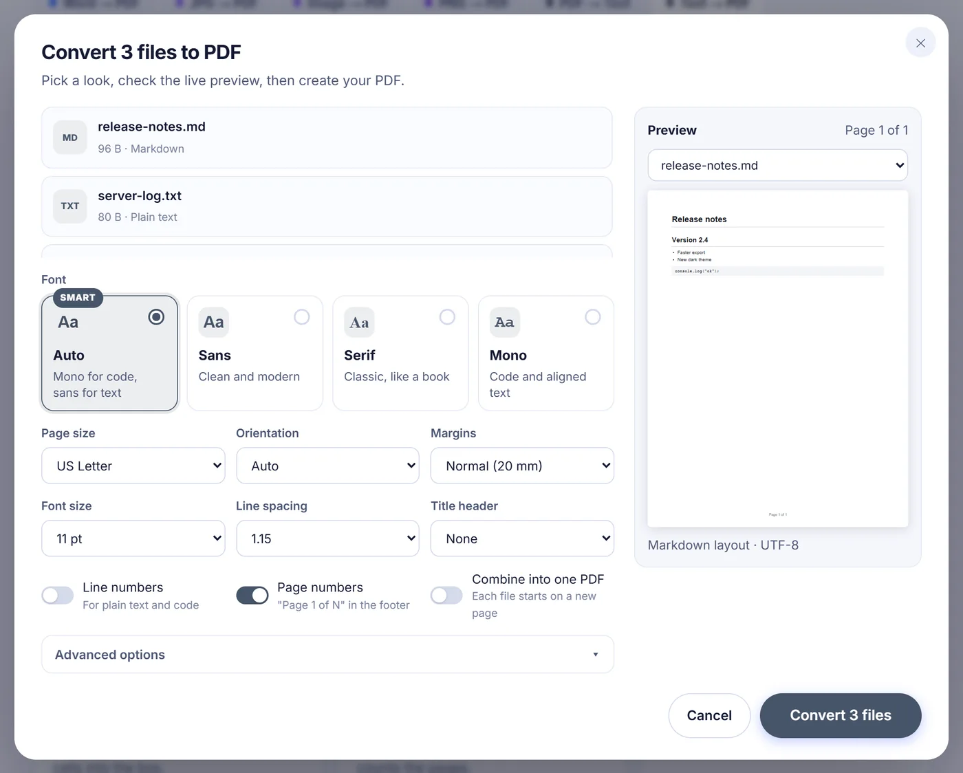 Convert 3 files to PDF window with Auto font, US Letter, Normal (20 mm) margins, 11 pt, 1.15 spacing and a preview of release-notes.md in Markdown layout