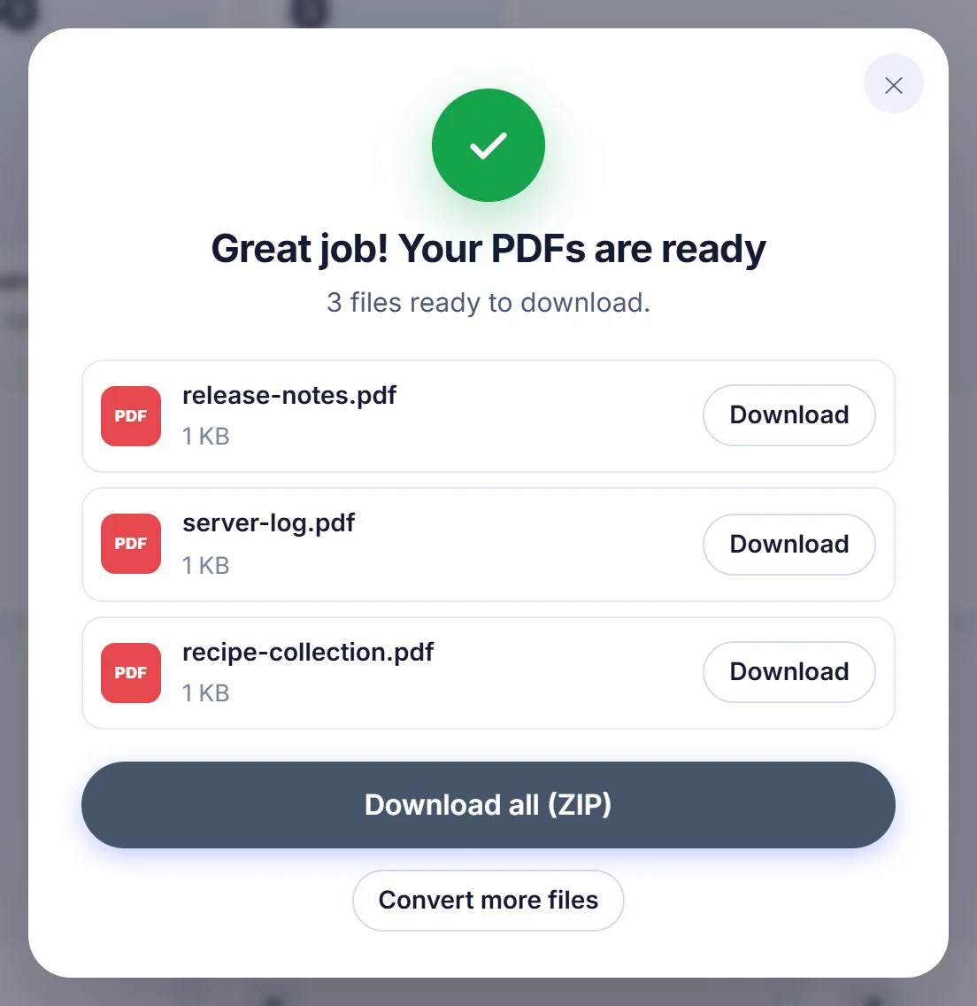 Great job! Your PDFs are ready window listing release-notes.pdf, server-log.pdf and recipe-collection.pdf with Download buttons and Download all (ZIP)